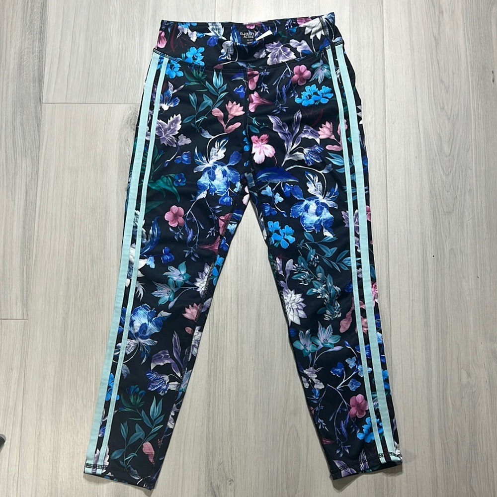 Old Navy Active Go-Dry Floral Leggings XL 14 Girls Blue Pink Side Stripe Crop